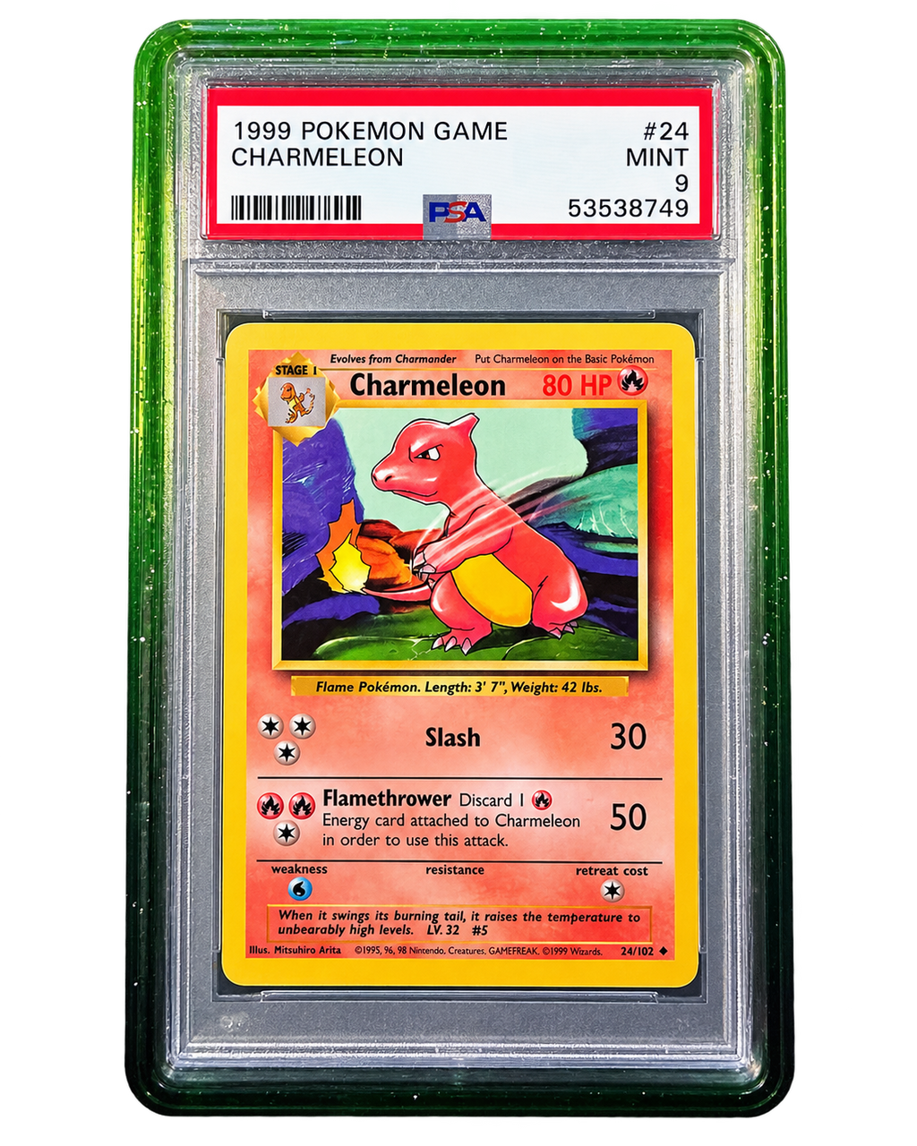PSA graded Pokémon card secured in a 718TCG slab protective bumper, teal and clear gradient colorway, alternate angle