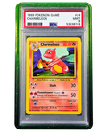 PSA graded Pokémon card secured in a 718TCG slab protective bumper, teal and clear gradient colorway, alternate angle