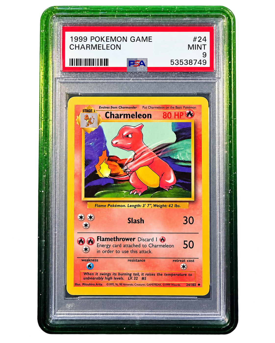 PSA graded Pokémon card secured in a 718TCG slab protective bumper, teal and clear gradient colorway, alternate angle