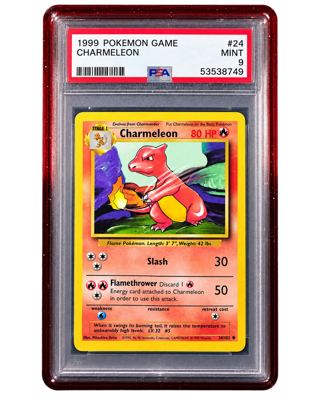 PSA graded Pokémon card secured in a 718TCG slab protective bumper, red and black gradient colorway