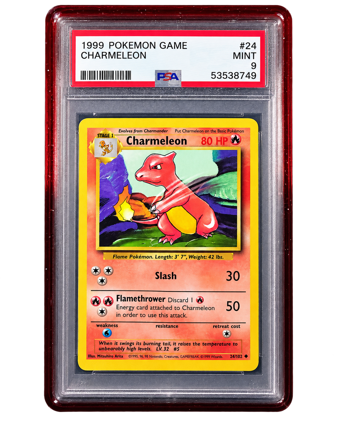 PSA graded Pokémon card secured in a 718TCG slab protective bumper, red and black gradient colorway