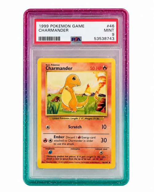 PSA graded Pokémon card secured in a 718TCG slab protective bumper with backplate, pink and teal gradient colorway, front view