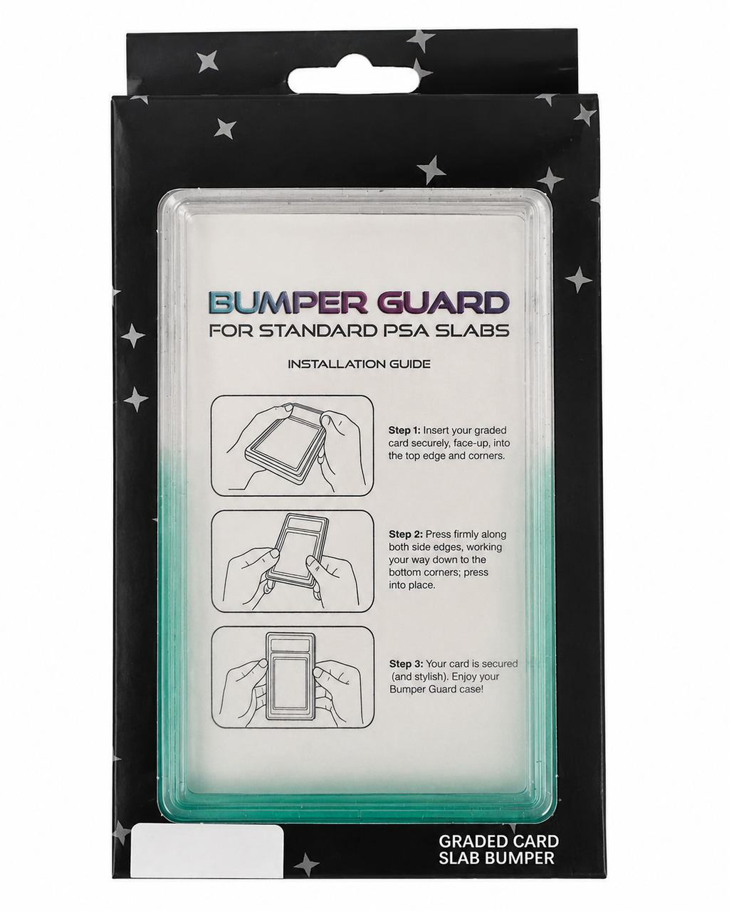 718TCG Bumper Guard retail packaging for standard PSA slabs, teal and clear gradient colorway, with 3-step installation guide