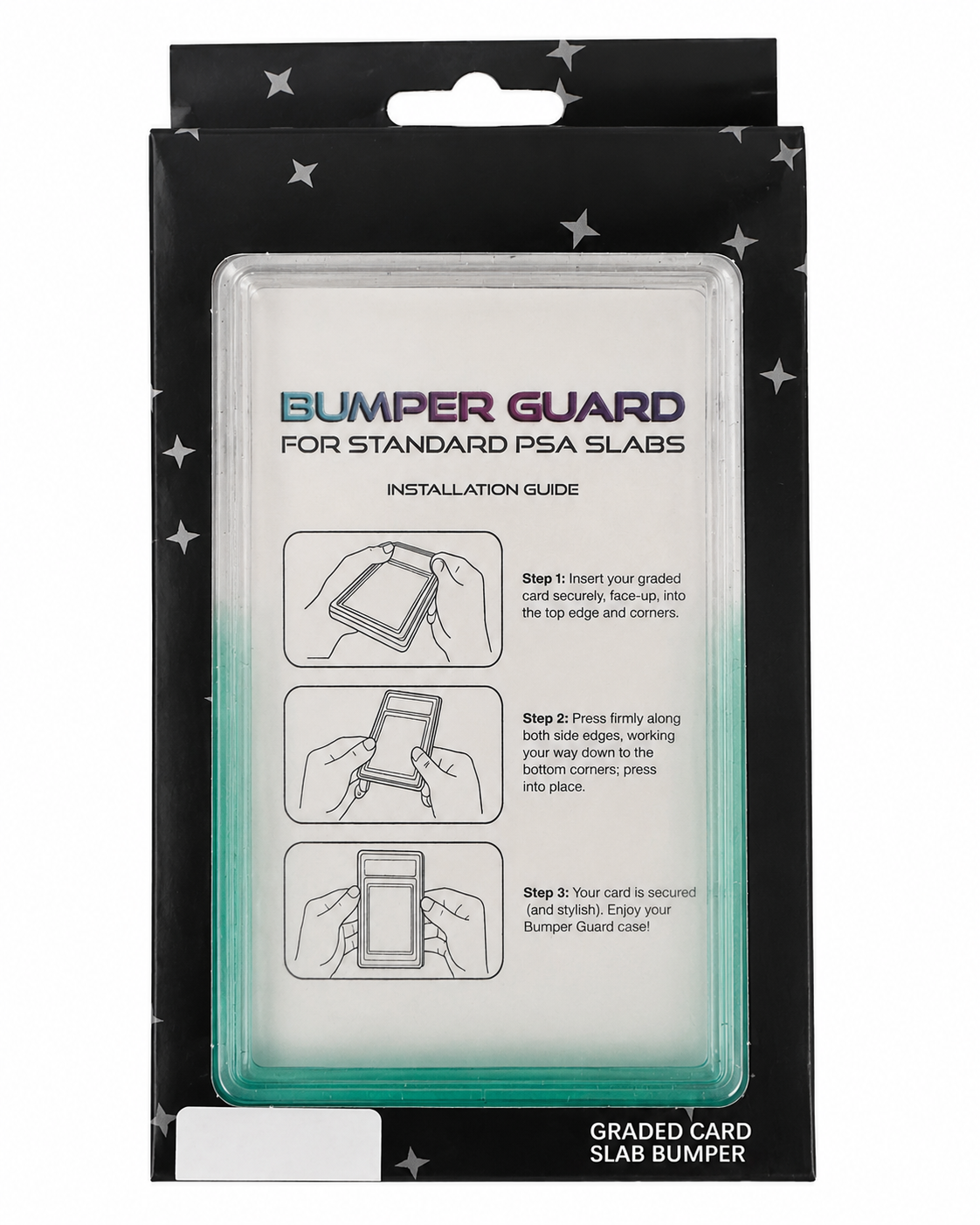718TCG Bumper Guard retail packaging for standard PSA slabs, teal and clear gradient colorway, with 3-step installation guide