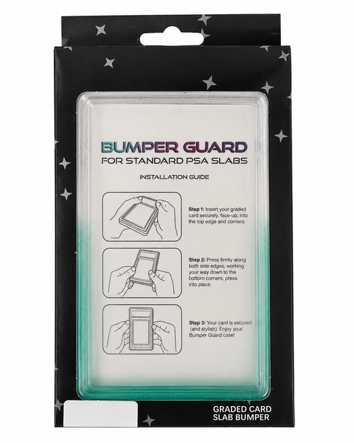718TCG Bumper Guard retail packaging for standard PSA slabs, teal and clear gradient colorway, with 3-step installation guide