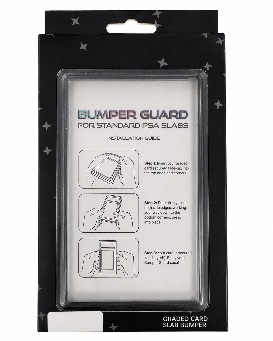 718TCG Bumper Guard retail packaging for standard PSA slabs, black gradient colorway, with 3-step installation guide