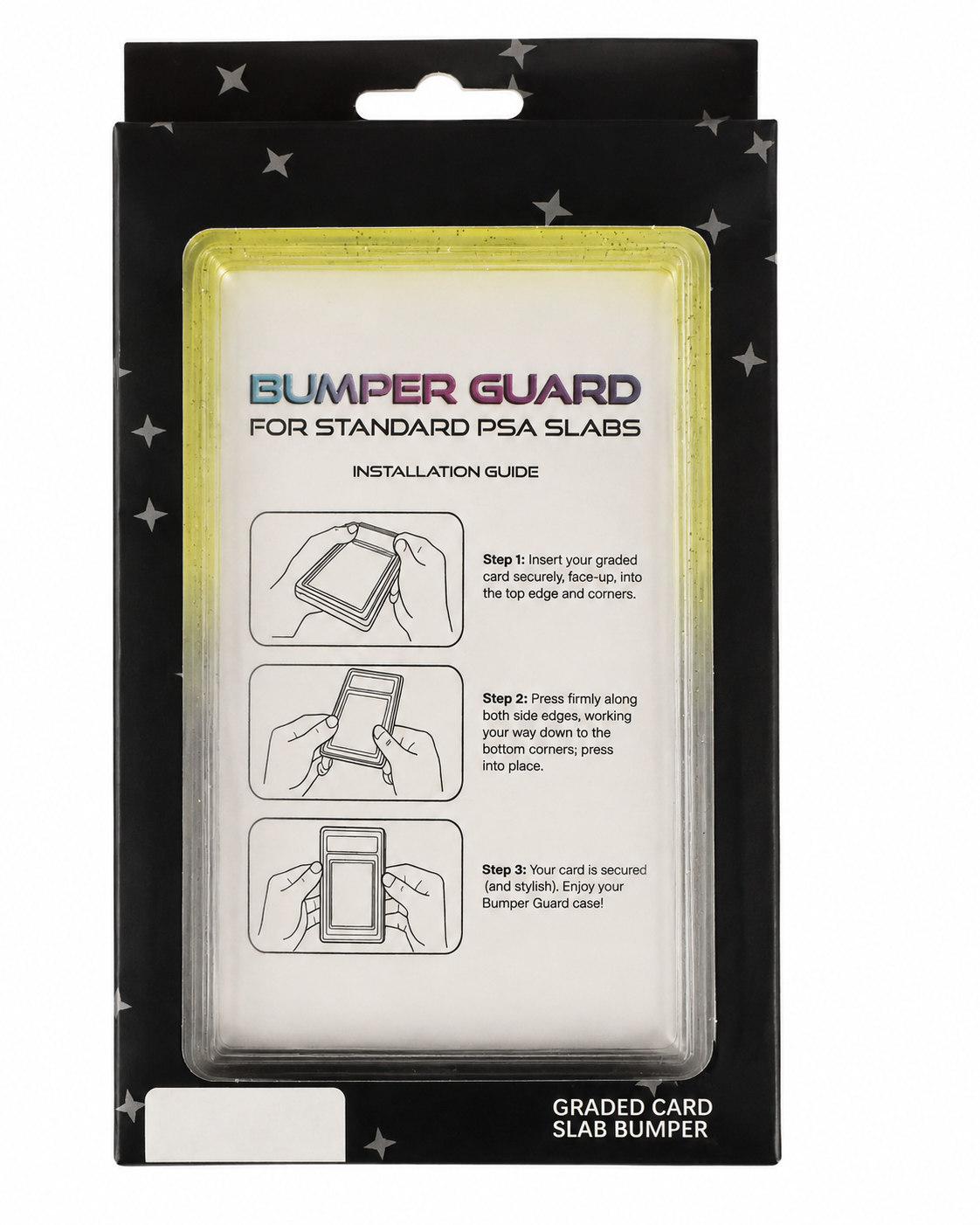 718TCG Bumper Guard retail packaging for standard PSA slabs, black and yellow gradient colorway, with installation guide