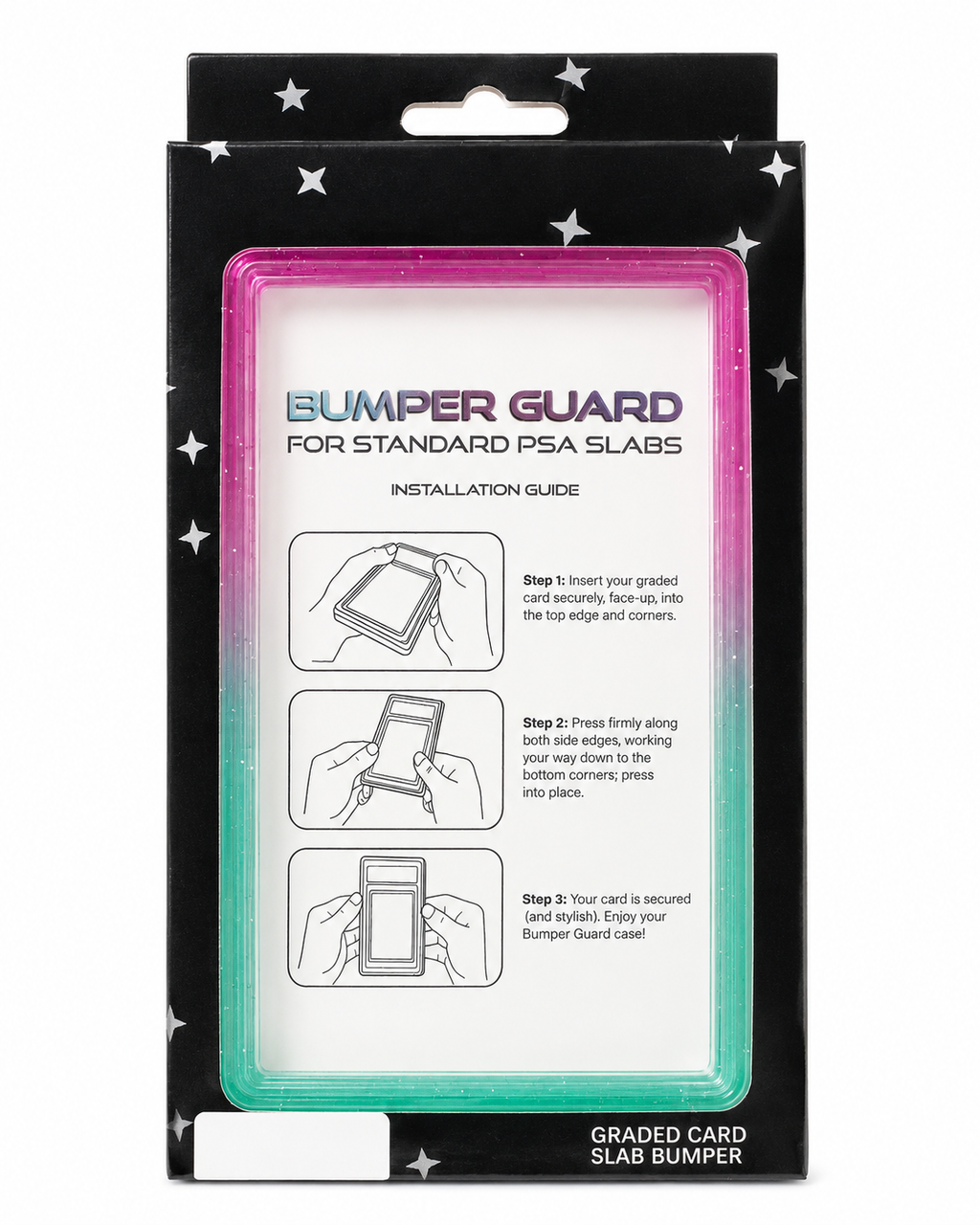718TCG Bumper Guard retail packaging for standard PSA slabs, pink and teal gradient colorway, with installation guide