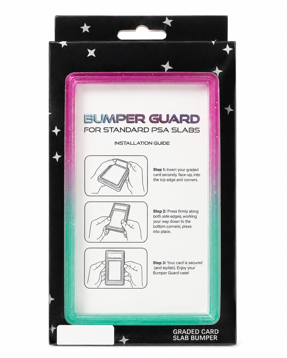 718TCG Bumper Guard retail packaging for standard PSA slabs, pink and teal gradient colorway, with installation guide