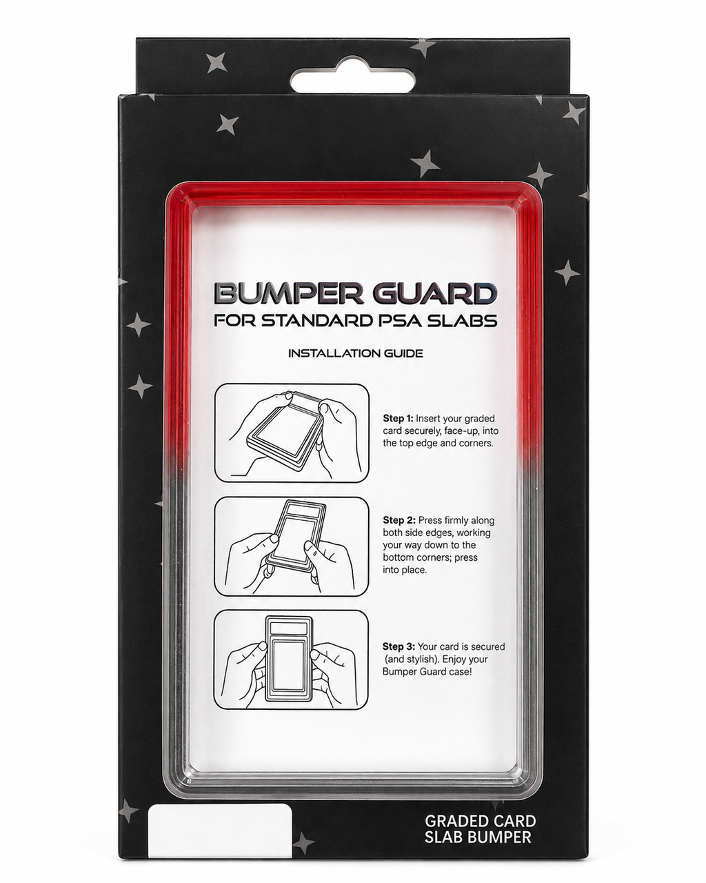 718TCG Bumper Guard retail packaging for standard PSA slabs, red and black gradient colorway, with installation guide