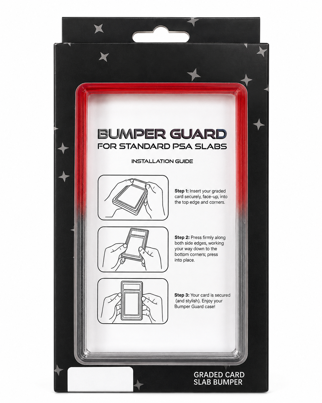 718TCG Bumper Guard retail packaging for standard PSA slabs, red and black gradient colorway, with installation guide