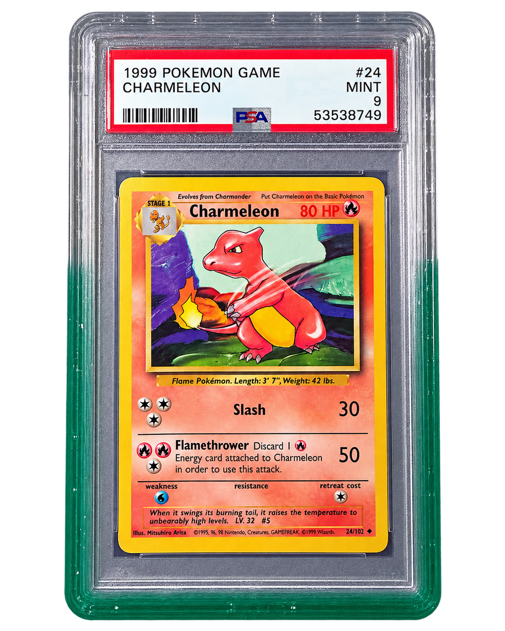 PSA graded Pokémon card secured in a 718TCG slab protective bumper, teal and clear gradient colorway