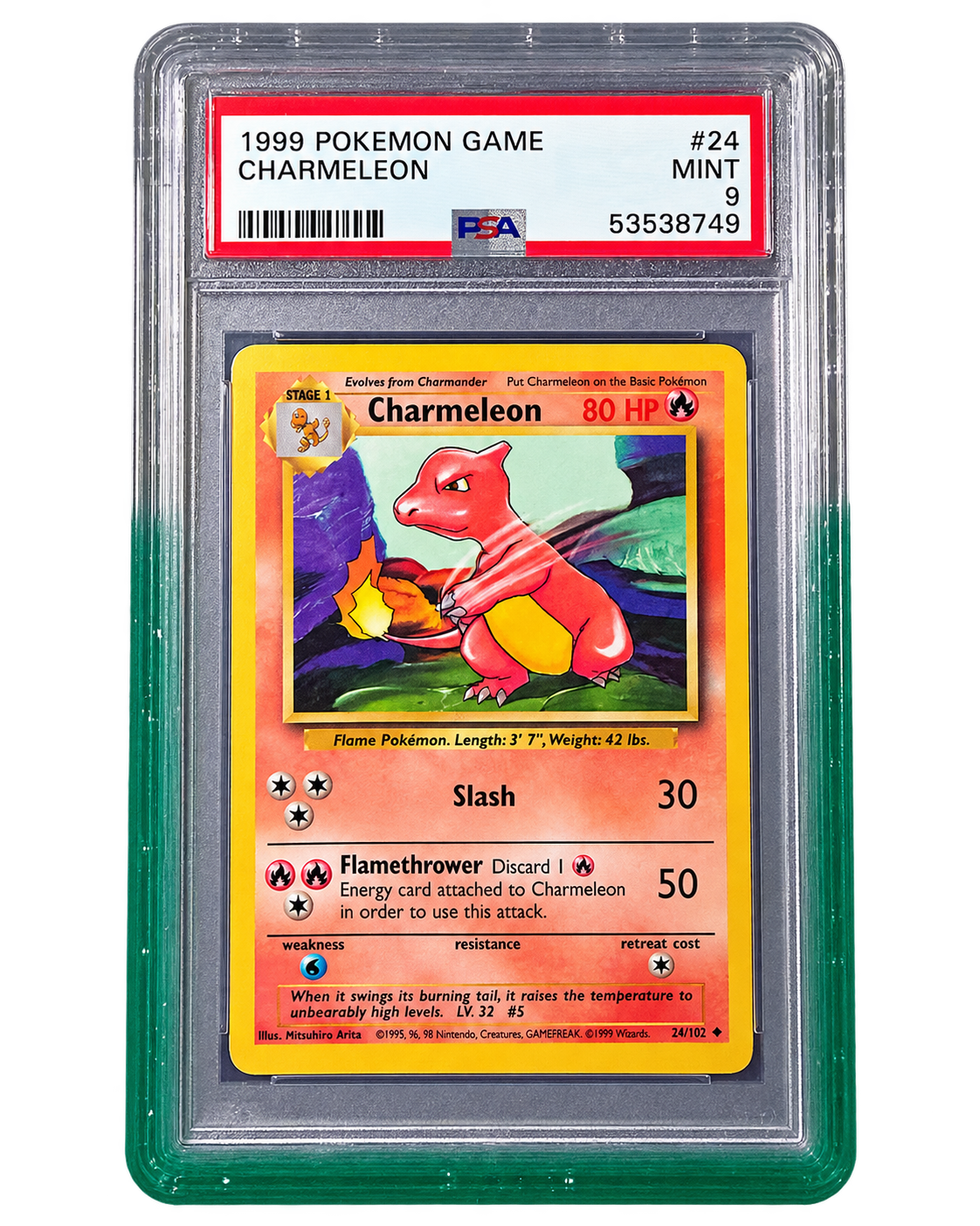 PSA graded Pokémon card secured in a 718TCG slab protective bumper, teal and clear gradient colorway